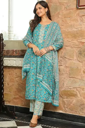 Women turquoise blue rayon blend floral printed straight kurta trousers with dupatta