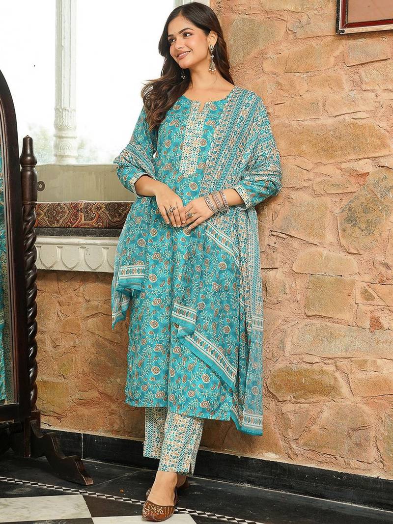 Women turquoise blue rayon blend floral printed straight kurta trousers with dupatta
