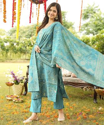 Women blue viscose rayon floral embroidered straight kurta trousers with dupatta 3
