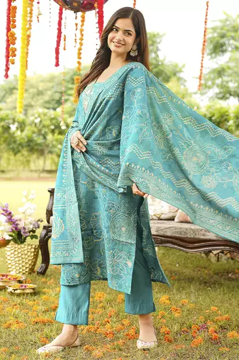 Women blue viscose rayon floral embroidered straight kurta trousers with dupatta