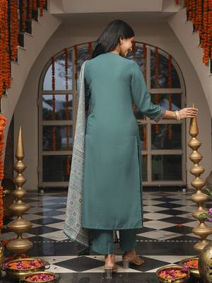 Women teal rayon blend ajrakh printed straight kurta trousers with dupatta 4