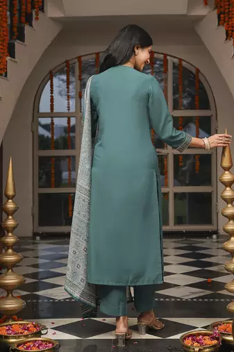 Women teal rayon blend ajrakh printed straight kurta trousers with dupatta