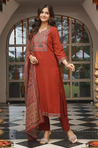 Women brown rayon blend ajrakh printed straight kurta trousers with dupatta