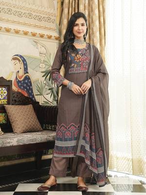 Women brown rayon blend ethnic motifs printed straight kurta trousers with dupatta 3