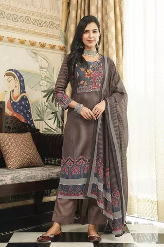 Women brown rayon blend ethnic motifs printed straight kurta trousers with dupatta