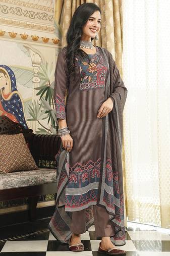 Women brown rayon blend ethnic motifs printed straight kurta trousers with dupatta