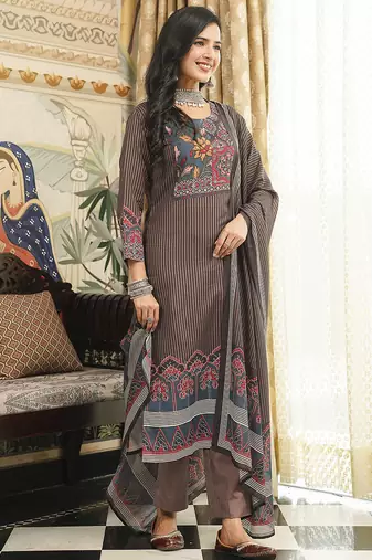 Women brown rayon blend ethnic motifs printed straight kurta trousers with dupatta