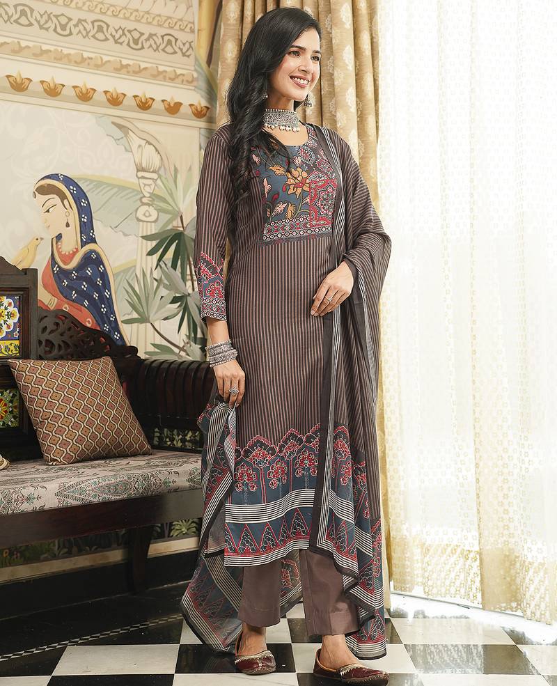 Women brown rayon blend ethnic motifs printed straight kurta trousers with dupatta