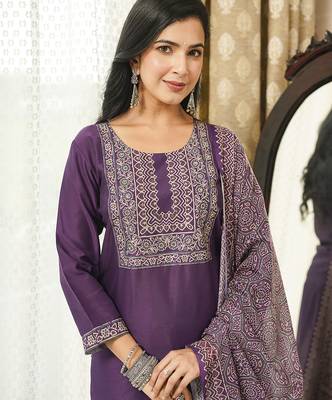 Women purple rayon blend ajrakh printed straight kurta trousers with dupatta 1