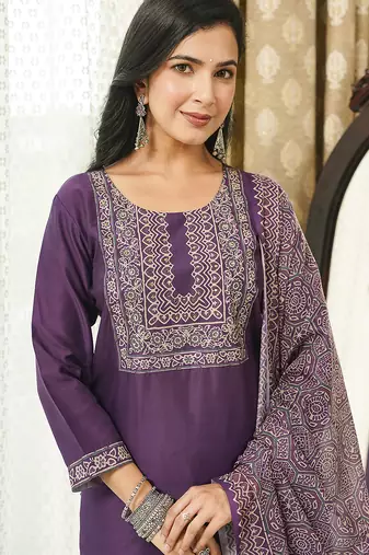 Women purple rayon blend ajrakh printed straight kurta trousers with dupatta