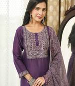 Women purple rayon blend ajrakh printed straight kurta trousers with dupatta