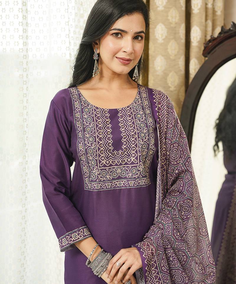 Women purple rayon blend ajrakh printed straight kurta trousers with dupatta