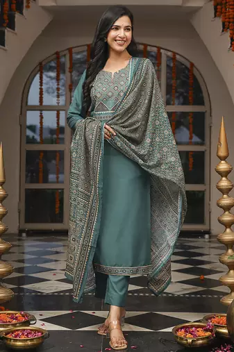 Women teal rayon blend ajrakh printed straight kurta trousers with dupatta
