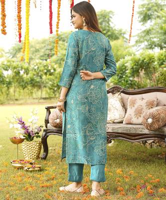 Women blue viscose rayon floral embroidered straight kurta trousers with dupatta 4