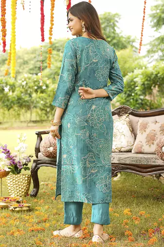 Women blue viscose rayon floral embroidered straight kurta trousers with dupatta