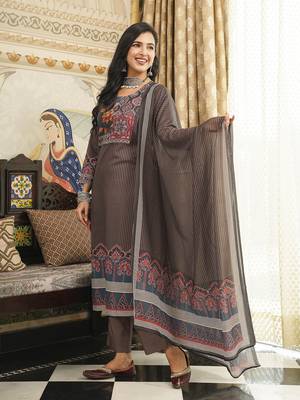 Women brown rayon blend ethnic motifs printed straight kurta trousers with dupatta 4