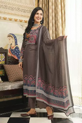 Women brown rayon blend ethnic motifs printed straight kurta trousers with dupatta