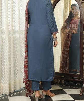 Women blue rayon blend ajrakh printed straight kurta trousers with dupatta 4