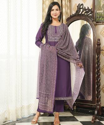 Women purple rayon blend ajrakh printed straight kurta trousers with dupatta 2