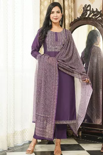 Women purple rayon blend ajrakh printed straight kurta trousers with dupatta