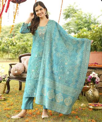 Women blue viscose rayon floral embroidered straight kurta trousers with dupatta 5