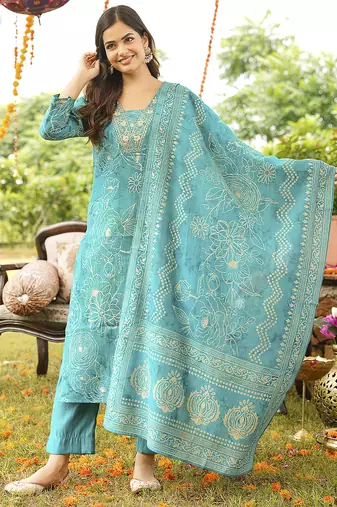 Women blue viscose rayon floral embroidered straight kurta trousers with dupatta