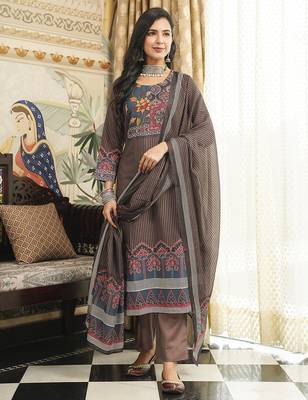 Women brown rayon blend ethnic motifs printed straight kurta trousers with dupatta 5