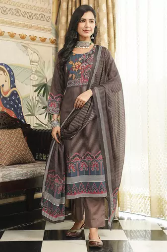 Women brown rayon blend ethnic motifs printed straight kurta trousers with dupatta