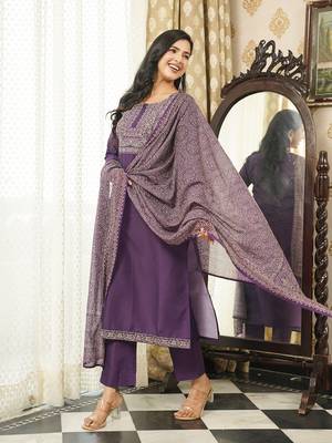 Women purple rayon blend ajrakh printed straight kurta trousers with dupatta 3