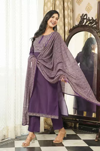Women purple rayon blend ajrakh printed straight kurta trousers with dupatta