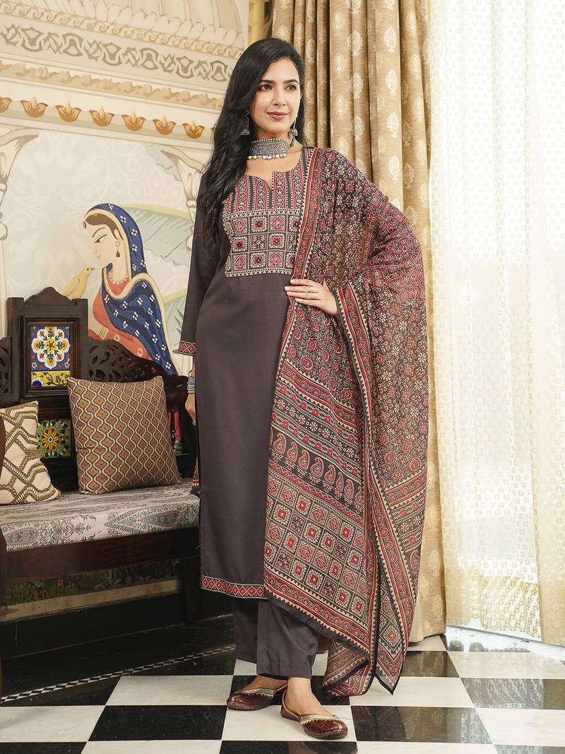 Women Black Rayon Blend Printed Kurta Trousers Dupatta