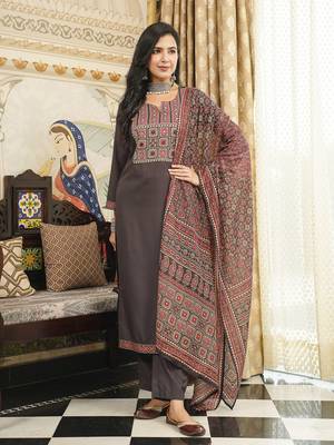 Women Black Rayon Blend Printed Kurta Trousers Dupatta 1