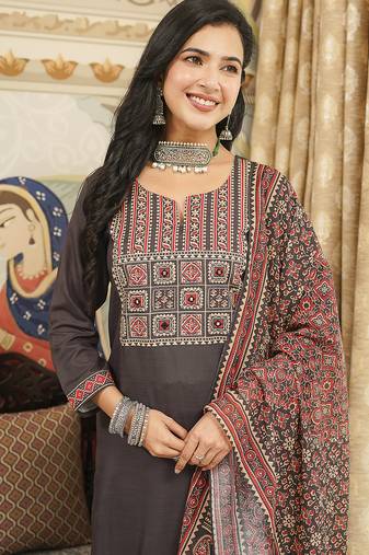 Women black rayon blend ajrakh printed straight kurta trousers with dupatta