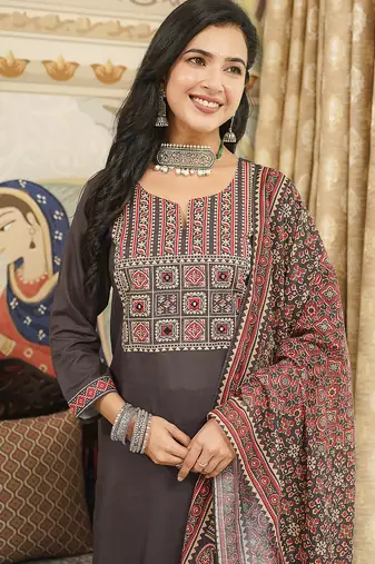 Women black rayon blend ajrakh printed straight kurta trousers with dupatta