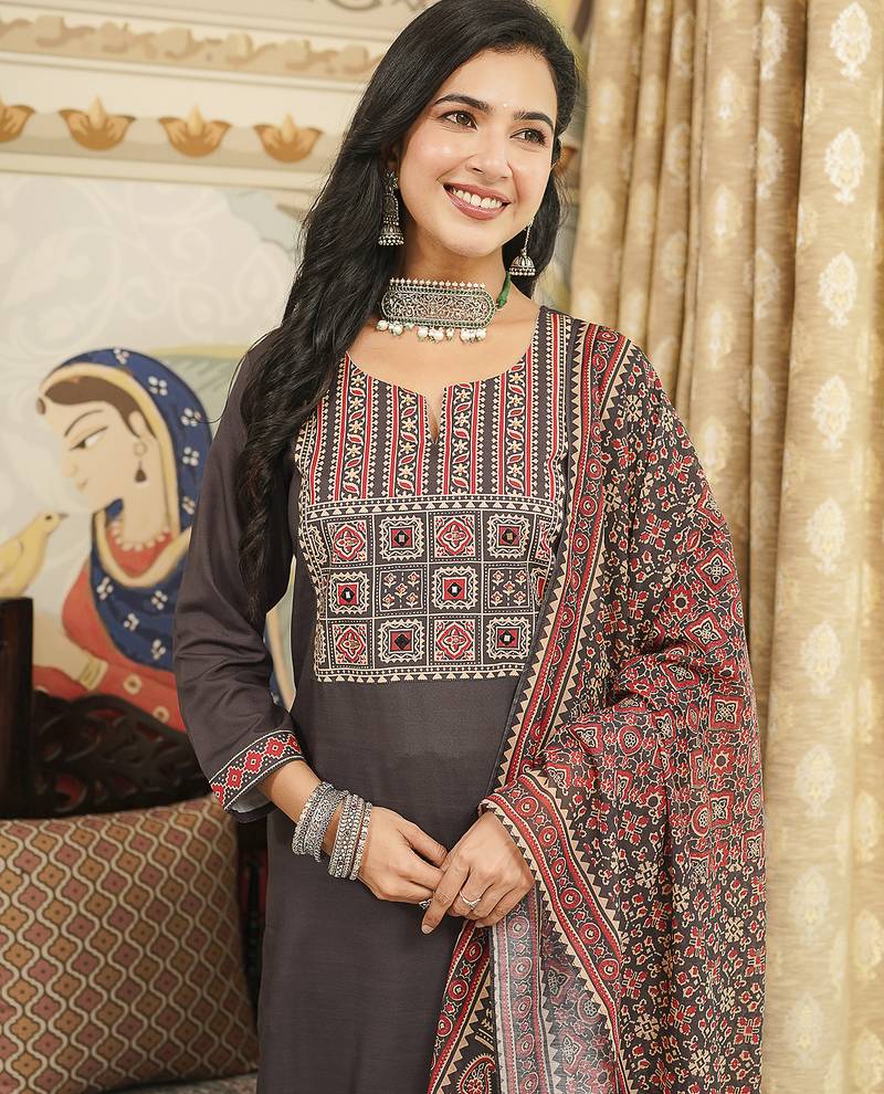 Women black rayon blend ajrakh printed straight kurta trousers with dupatta