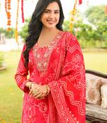 Women red viscose rayon floral embroidered straight kurta trousers with dupatta