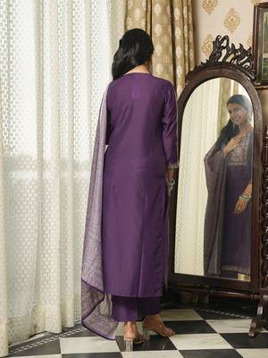 Women purple rayon blend ajrakh printed straight kurta trousers with dupatta 4