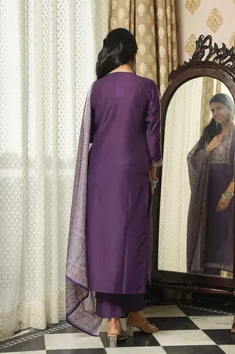 Women purple rayon blend ajrakh printed straight kurta trousers with dupatta