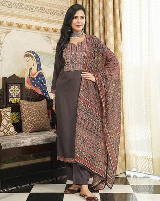 Women black rayon blend ajrakh printed straight kurta trousers with dupatta 2