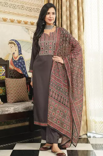 Women black rayon blend ajrakh printed straight kurta trousers with dupatta