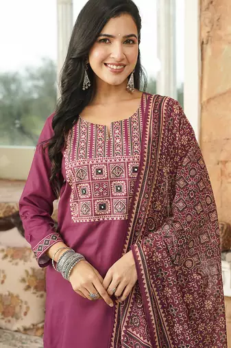 Women purple rayon blend ajrakh printed straight kurta trousers with dupatta