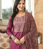 Women purple rayon blend ajrakh printed straight kurta trousers with dupatta