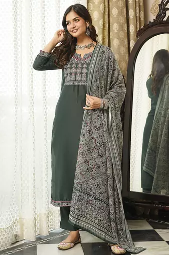 Women green rayon blend ajrakh printed straight kurta trousers with dupatta