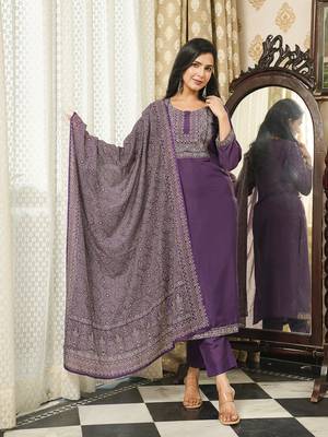 Women purple rayon blend ajrakh printed straight kurta trousers with dupatta 5