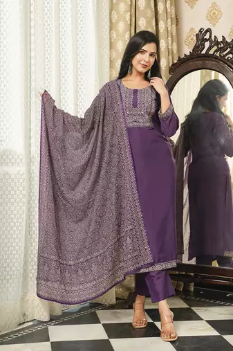 Women purple rayon blend ajrakh printed straight kurta trousers with dupatta