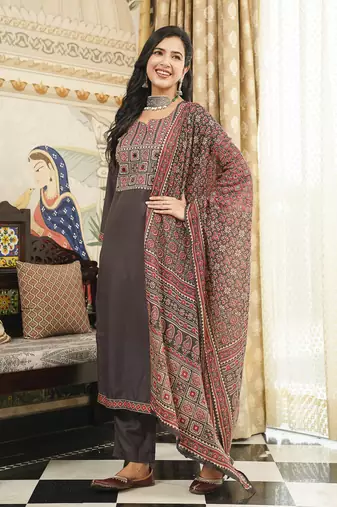 Women Black Rayon Blend Printed Kurta Trousers Dupatta