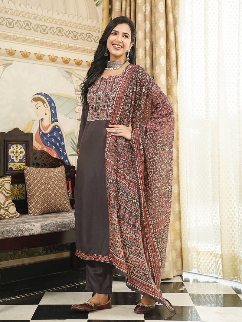 Women Black Rayon Blend Printed Kurta Trousers Dupatta