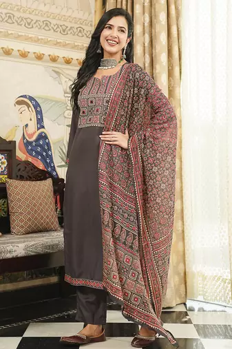 Women black rayon blend ajrakh printed straight kurta trousers with dupatta