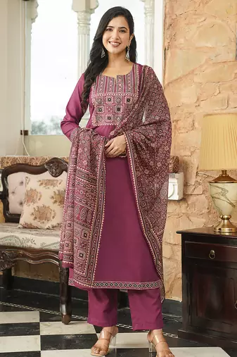 Women purple rayon blend ajrakh printed straight kurta trousers with dupatta