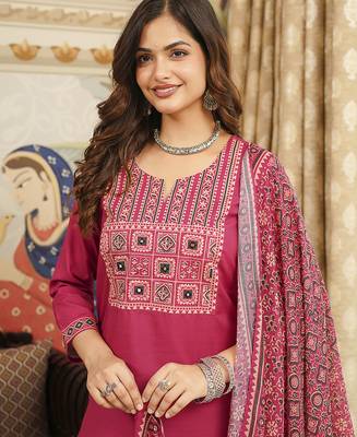 Women pink rayon blend ajrakh printed straight kurta trousers with dupatta 2